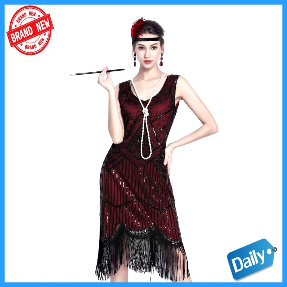 1920s Flapper Dress with Beads, V-Neck, Tassel Hem, Polyester, Formal Party